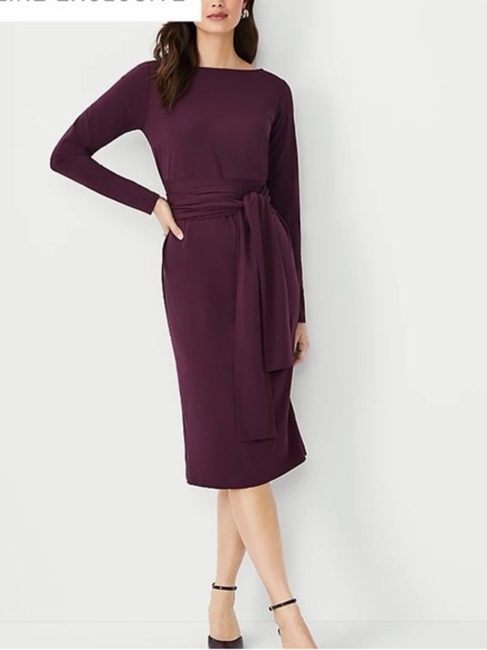 Ann Taylor Long-Sleeve Tie-Waist Midi Dress in Plum